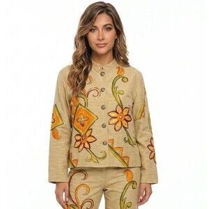 Vintage Alex Kim Women’s Size LP Jacket Yellow Floral Sequined Buttons Closure